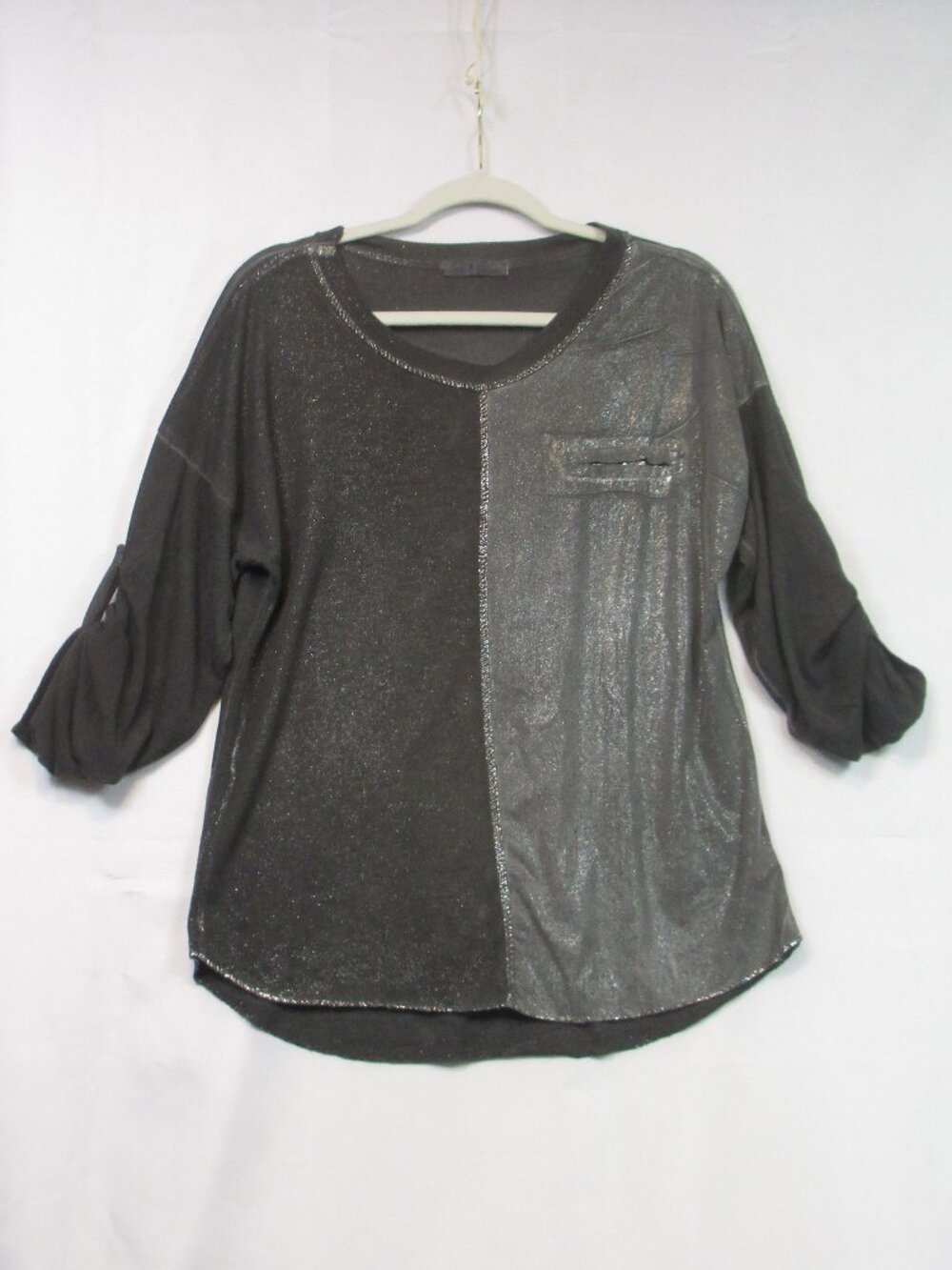 Gigi Moda Womens‎ Top One Size OS Gray Sparkle Shimmer Metallic Roll Up Sleeves